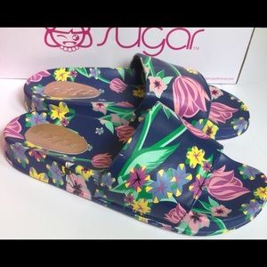 Popsugar blue floral slide on sandals Size 7